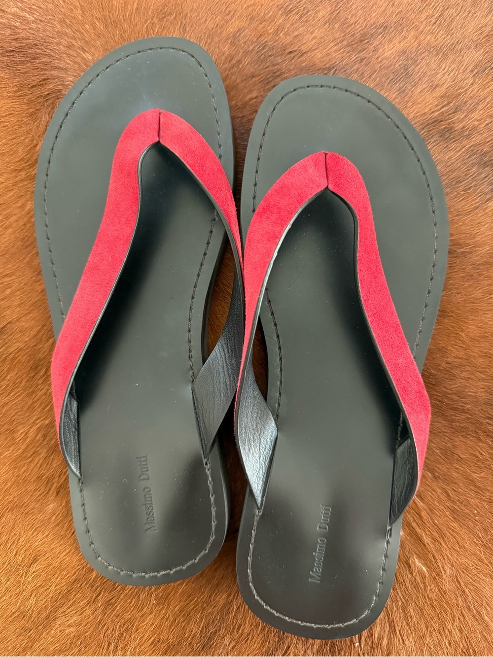 Massimo Dutti Black Leather Flip Flops with Red Suede Straps